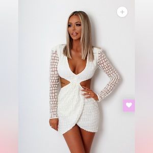 Long sleeve white sequin cutout mini dress